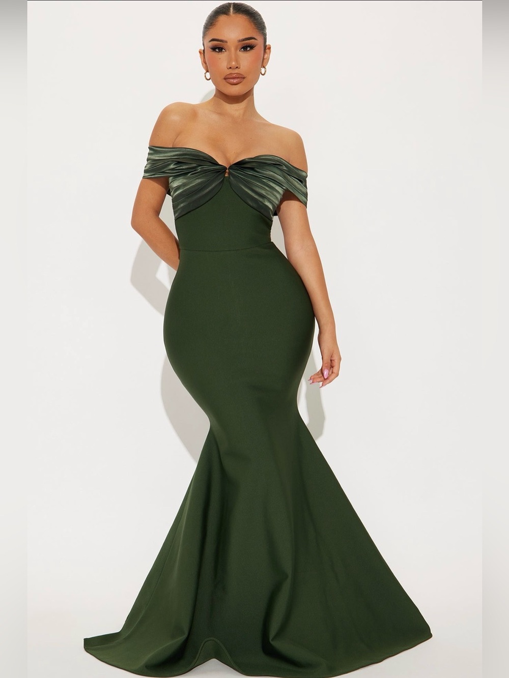 Fashion Nova Olive Green Off-Shoulder Mermaid Maxi Dress